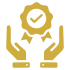 Golden icon of hands holding a badge with a checkmark.